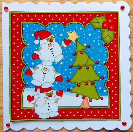 Christmas Snowball Sam and Friends put the Star on the Christmas Tree Shell Edged Corner by Joyce Watson