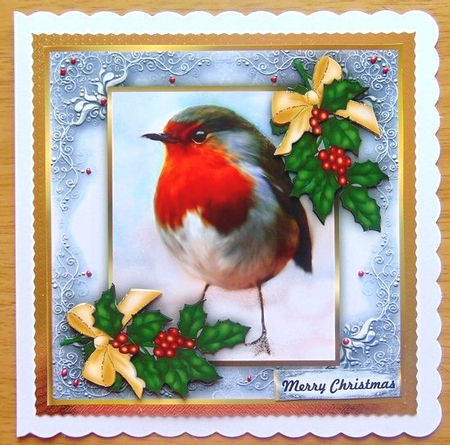 Christmas Robin & berries& golden bow by Joyce Watson