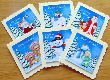 Sheet of 6 cute winter toppers with snowmen, santa, reindeer, bears and mouse by Joyce Watson
