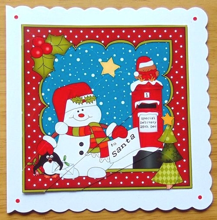 Christmas Snowman Oli and Penguin Pip post a letter to Santa Fan Pyramage Topper by Joyce Watson