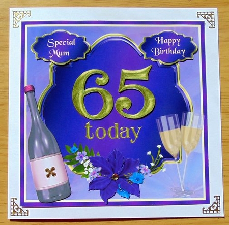 65th Birthday card topper with wine, glasses and flowers by Joyce Watson