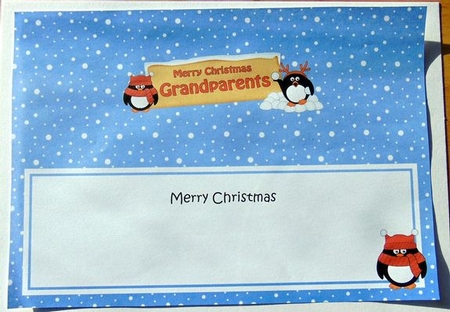 large DL Merry Christmas GRANDPARENTS with Penguins insert by Joyce Watson