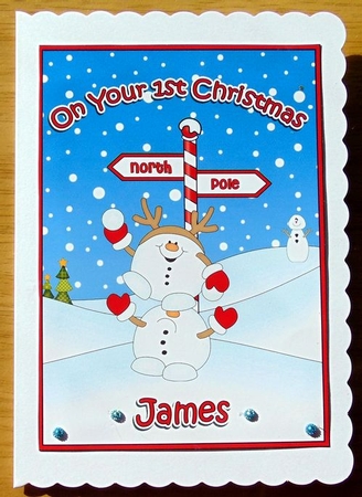 5 x 7 Quick Cut and Fold Card - On Your 1st Chrismas JAMES with Snowball Sam by Joyce Watson