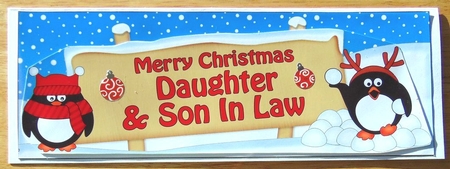 large DL Merry Christmas  DAUGHTER & SON IN LAW with Penguins 3D decoupage by Joyce Watson