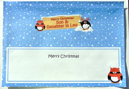 large DL Merry Christmas SON & DAUGHTER IN LAW with Penguins insert by Joyce Watson