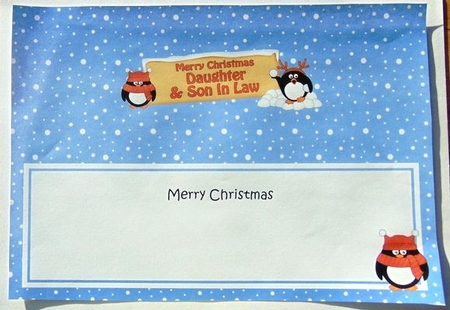 large DL Merry Christmas DAUGHTER & SON IN LAW with Penguins insert by Joyce Watson