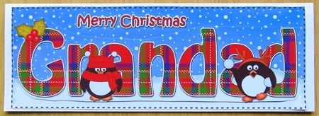 Large DL Merry Christmas GRANDAD 3D decoupage  with Tartan Penguins by Joyce Watson