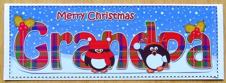 Large DL Merry Christmas GRANDPA 3D decoupage  with Tartan Penguins by Joyce Watson