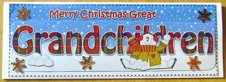 Large DL Merry Christmas GREAT GRANDCHILDREN 3D decoupage with Snowman Rio  by Joyce Watson