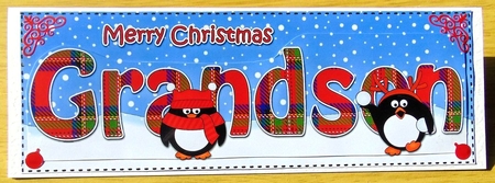 Large DL Merry Christmas GRANDSON 3D decoupage with Tartan Penguins by Joyce Watson