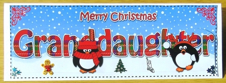 Large DL Merry Christmas GRANDDAUGHTER 3D decoupage with Tartan Penguins by Joyce Watson