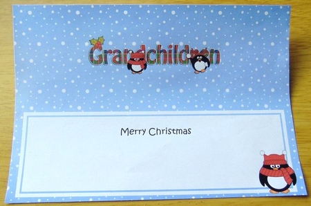 Large DL Merry Christmas GRANDCHILDREN insert with Tartan Penguins by Joyce Watson