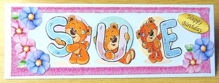 Teddy bears named SUE pink Glitter DL Card by Joyce Watson