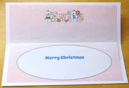 Monty Polar Bear and friend with Christmas pudding and sign EVIE large dl insert by Joyce Watson