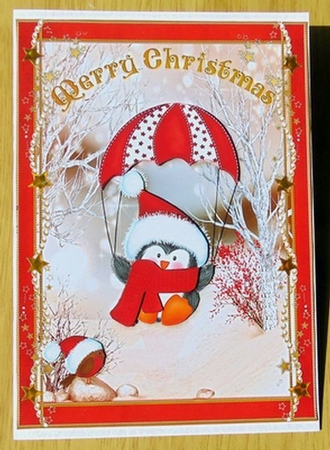 Penguins Christmas Landing A5 Card Front & Decoupage by Joyce Watson