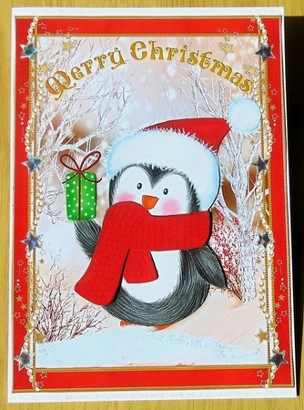 Penguin Christmas Snow A5 Card Front & Decoupage by Joyce Watson