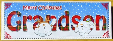 Large DL Merry Christmas GRANDSON 3D decoupage with Snowball Sam by Joyce Watson
