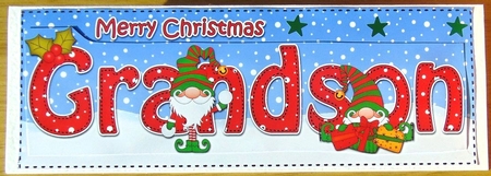 Large DL Merry Christmas GRANDSON 3D decoupage with Gnome insert by Joyce Watson