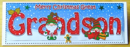 Large DL Merry Christmas GREAT GRANDSON 3D decoupage with Gnome insert by Joyce Watson