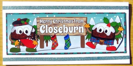 Crazy Scottish Christmas Puddings with big sign CLOSEBURN large dl by Joyce Watson