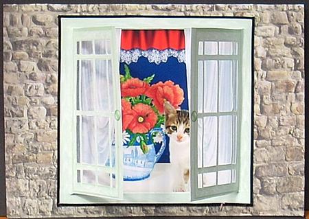 Acetate Open & Shut Windows Card - Poppies & Tabby Kitten by Joyce Watson