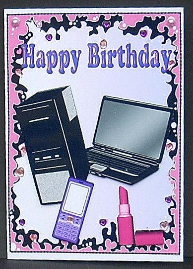 Computer and Lippy in Pink/purple Frame A4 by Joyce Watson