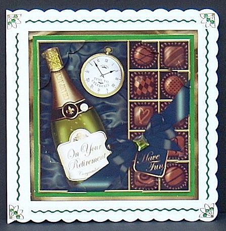 8 x 8 Retirement Champers N Chocs Scalloped Corner Topper by Joyce Watson