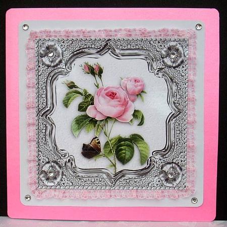 6" x 6" Vintage Rose & Butterfly Decoupage Silve Square Card by Joyce Watson