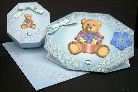 Stand Up Blue Bear with Gift Box by Joyce Watson