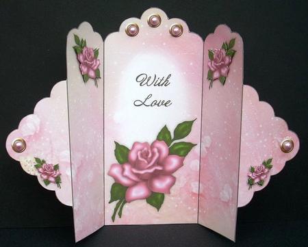 Pink Rose - with Love - Scallop Top Tri Fold Card by Joyce Watson