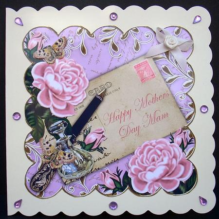 Pink Roses Lilac 2 Mothers Day Mam 8in Decoupage Topper by Joyce Watson