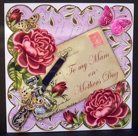 Deep Pink Rose Lilac Mam Mothers Day 8in Decoupage Topper by Joyce Watson