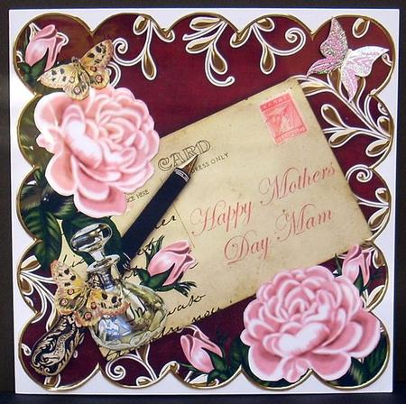 Pink Rose Claret 2 Mothers Day Mam 8in Decoupage Topper by Joyce Watson