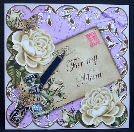 Cream Roses Lilac for My Mam 8in Decoupage Topper by Joyce Watson