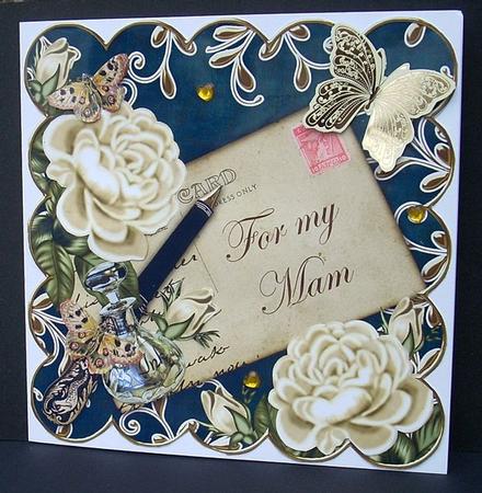 Cream Roses Petrol for My Mam 8in Decoupage Topper by Joyce Watson
