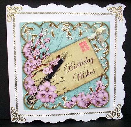 Lilac Blossom Teal Birthday Wishes 6in Duo Corner Stacker by Joyce Watson