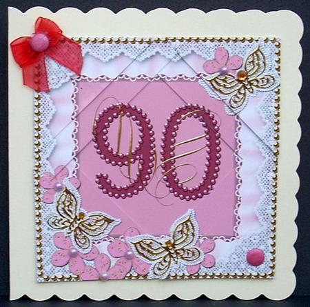 Pink Butterfly 90th Birthday 5in Triangle Spiral Stacker by Joyce Watson
