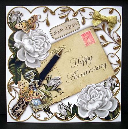 Silver Rose Happy Anniversary Ink Saver 8in Decoupage Topper by Joyce Watson