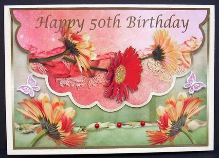 Beautiful Floral Scalloped Edge 50th Birthday Card Front by Joyce Watson