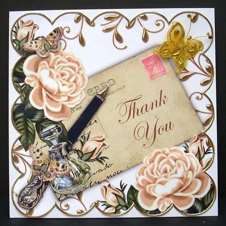 Peach Roses Thank You Ink Saver 8in Decoupage Topper by Joyce Watson