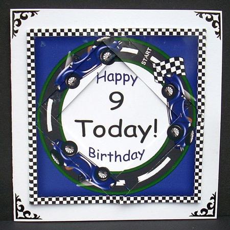 Blue Race Cars 9 Today 5in Triangle Spiral Stacker by Joyce Watson