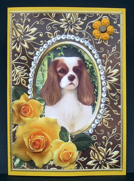Yellow Roses - King Charles Spaniel - Gold Card Front by Joyce Watson