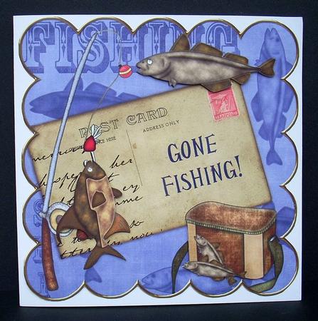 Blue Gone Fishing 8in Decoupage Topper by Joyce Watson