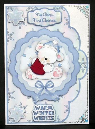 Little Christmas Polar Bear in Blue Scallop Card N Decoupage by Joyce Watson