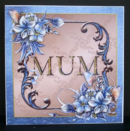 Winter Flowers 8x8 Decoupage Card - Mum - Blue and Brown by Joyce Watson