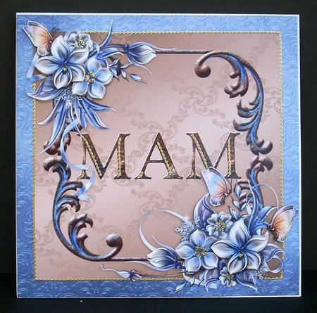 Winter Flowers 8x8 Decoupage Card - Mam - Blue and Brown by Joyce Watson