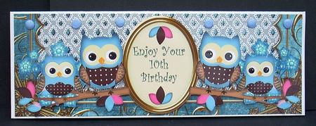 Blue Owls 10th Birthday Large Dl Decoupage Card Kit by Joyce Watson
