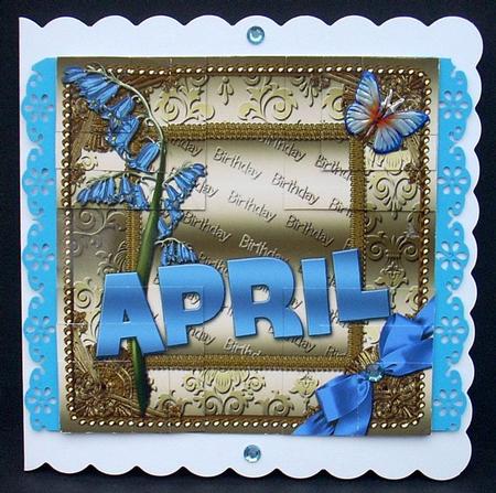 April Bluebells Gold Birthday 4 Corner Stacker Card Front by Joyce Watson