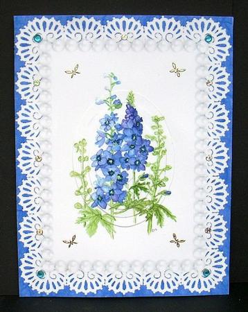 Blue Delphinium Flowers Pearls & Lace Oval Pyramid Card by Joyce Watson