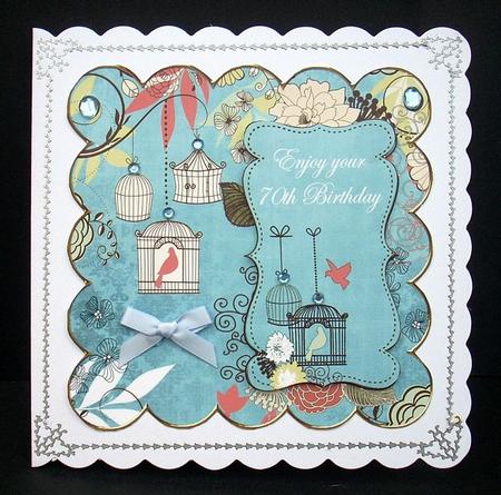 Dusky Teal Birdcage 70th Birthday 8in Scallop Topper by Joyce Watson